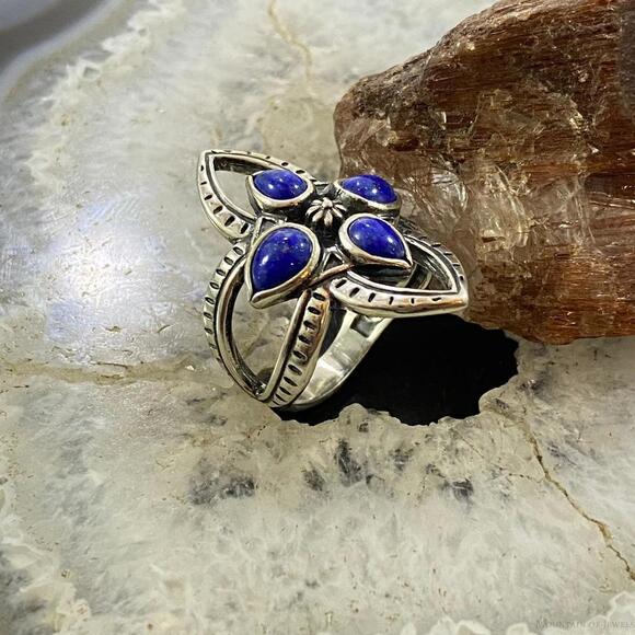 Carolyn Pollack Southwestern Style 4 Lapis Lazuli Flower Cluster Ring For Women - Picture 3 of 10